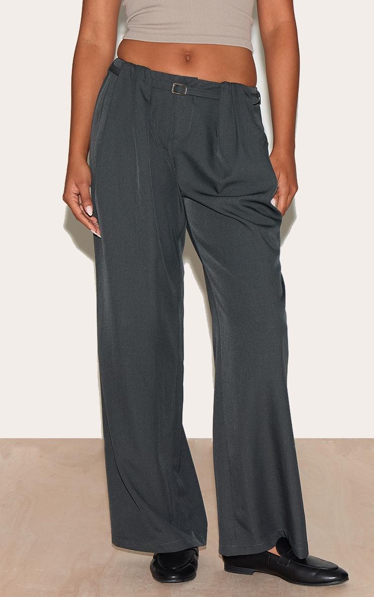 Slate Grey Woven Pleated Belt Detail Wide Leg Pants Product Image