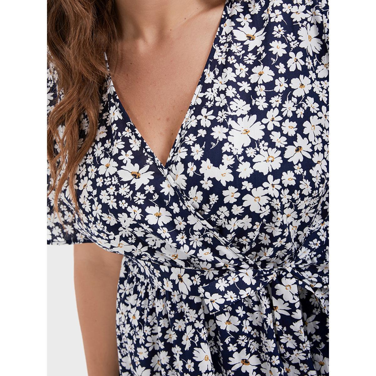 Plus Size Floral Belted Ruffles Split Pocket Wrap Dress DarkBlue Women Elegant Cross straps V-neck Short sleeve Curvy Midi Dress BloomChic 26/4X Product Image