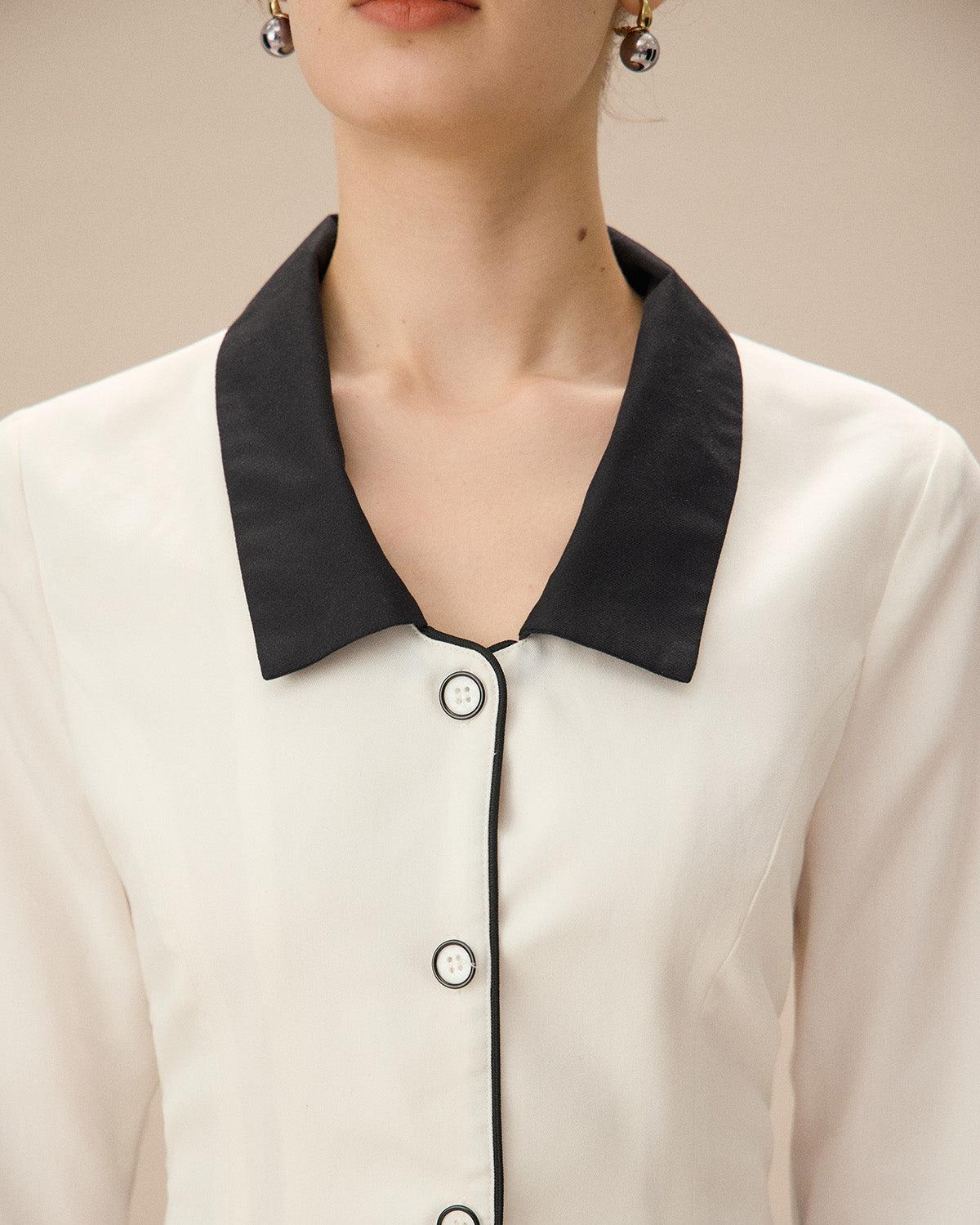 White Contrasting Button-Up Mini Dress Product Image