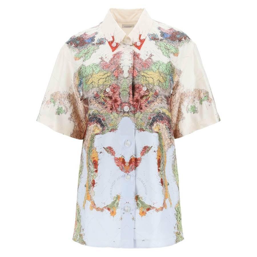 BURBERRY Ladies Fionn Silk Map Print Bowling Shirt In Blue Product Image