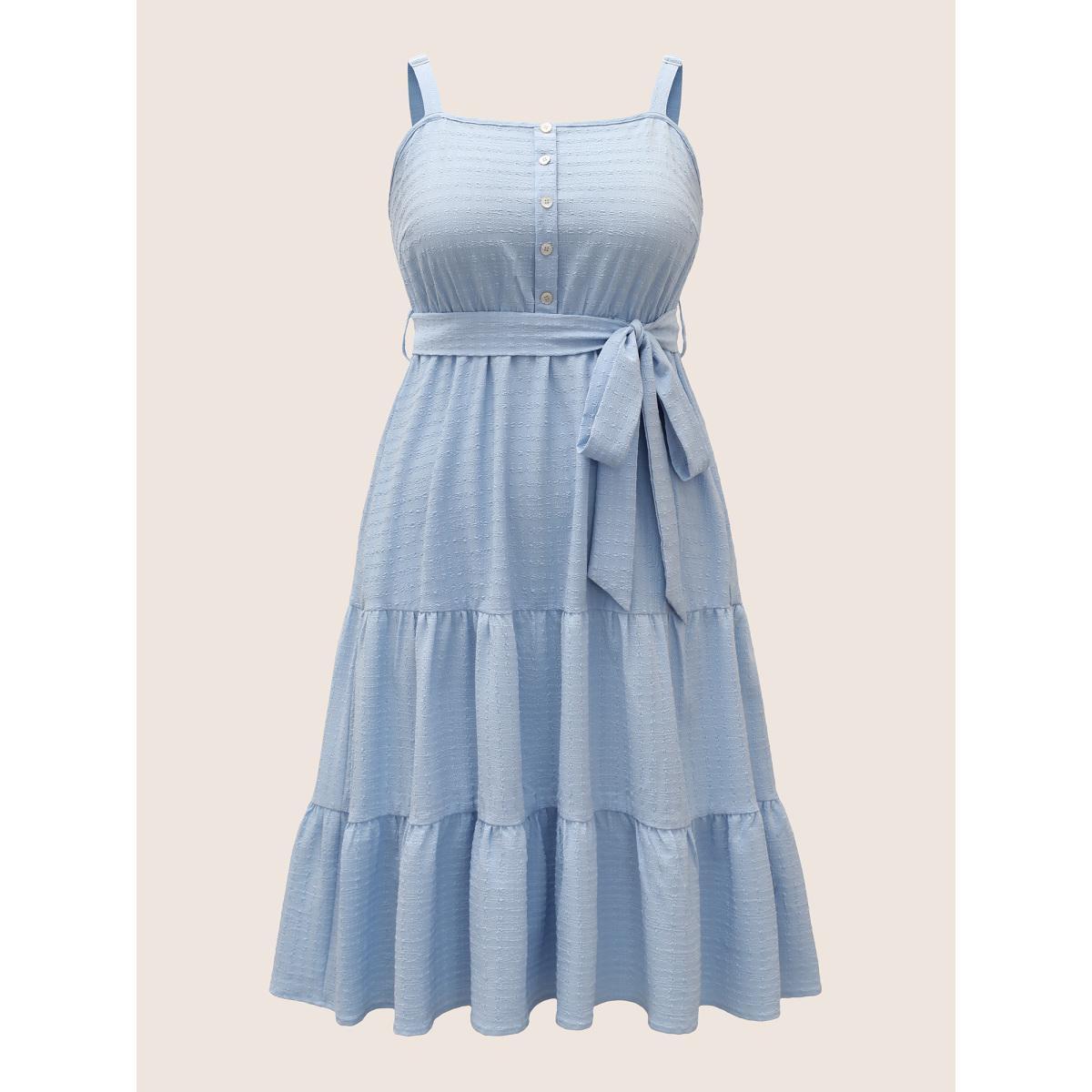 Plus Size Plain Textured Ruffle Layered Hem Belted Dress LightBlue Women Resort Texture Non Sleeveless Curvy Midi Dress BloomChic 12/L Product Image