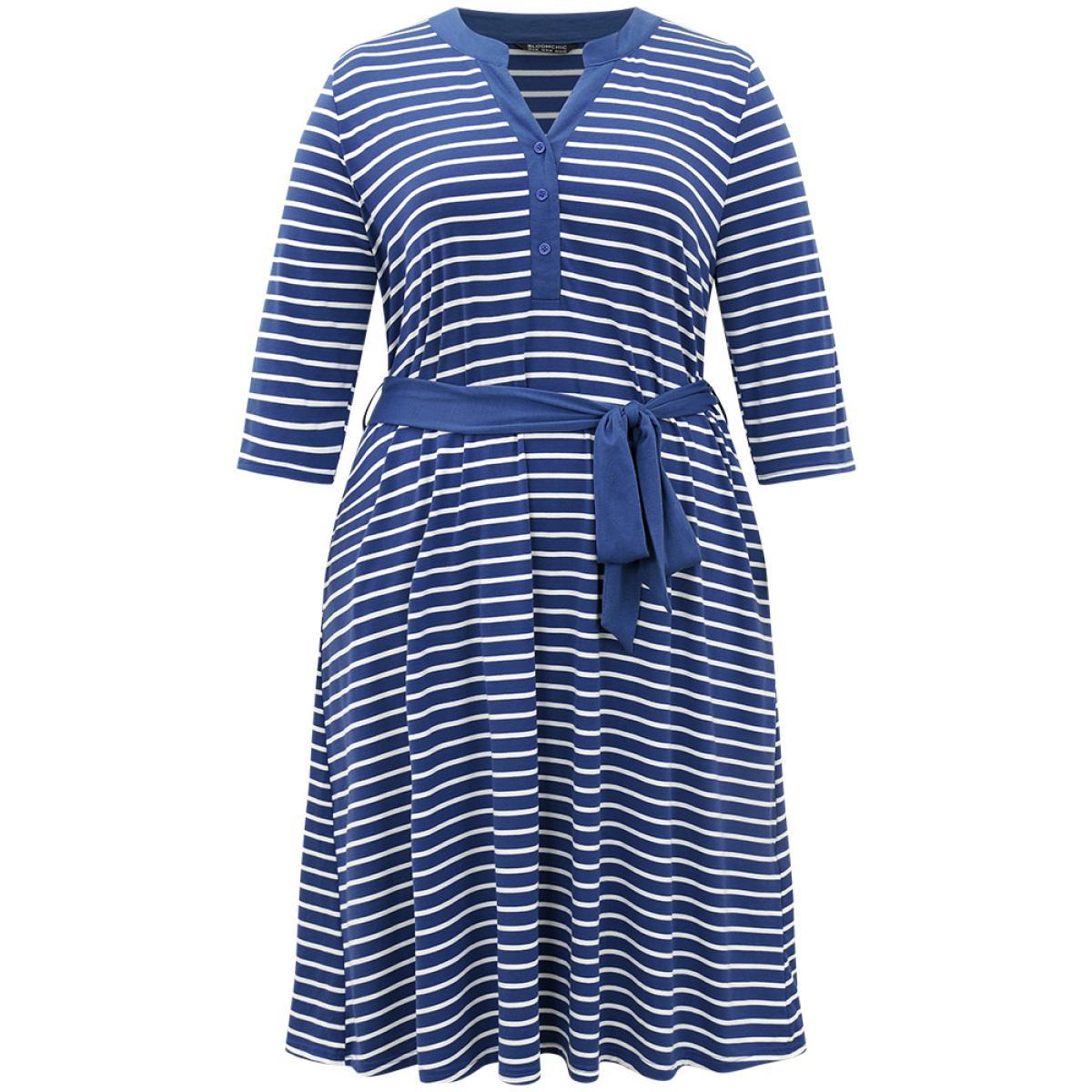 Plus Size Striped Belted Notched Dress Blue Women Casual Belted Notched collar Elbow-length sleeve Curvy Midi Dress BloomChic 12/L Product Image