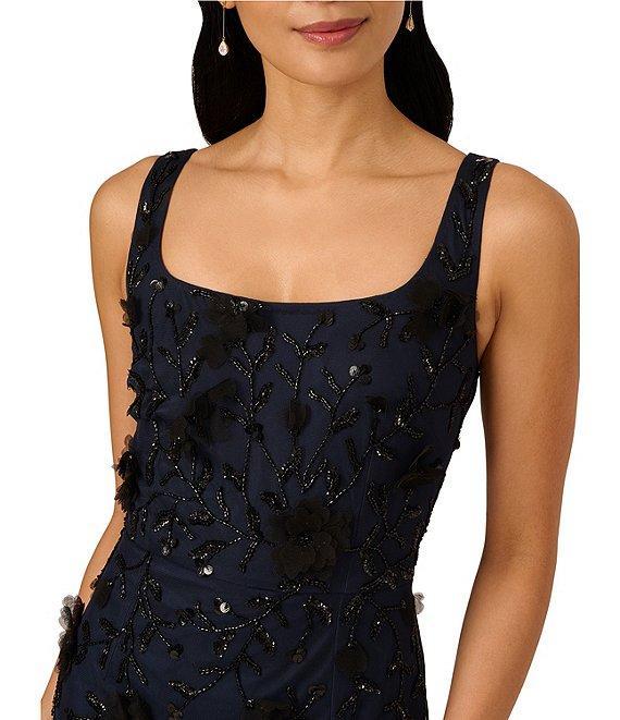 Adrianna Papell Square Neck Sleeveless Bead Mesh Godet Hem Sheath Tea Length Dress Product Image