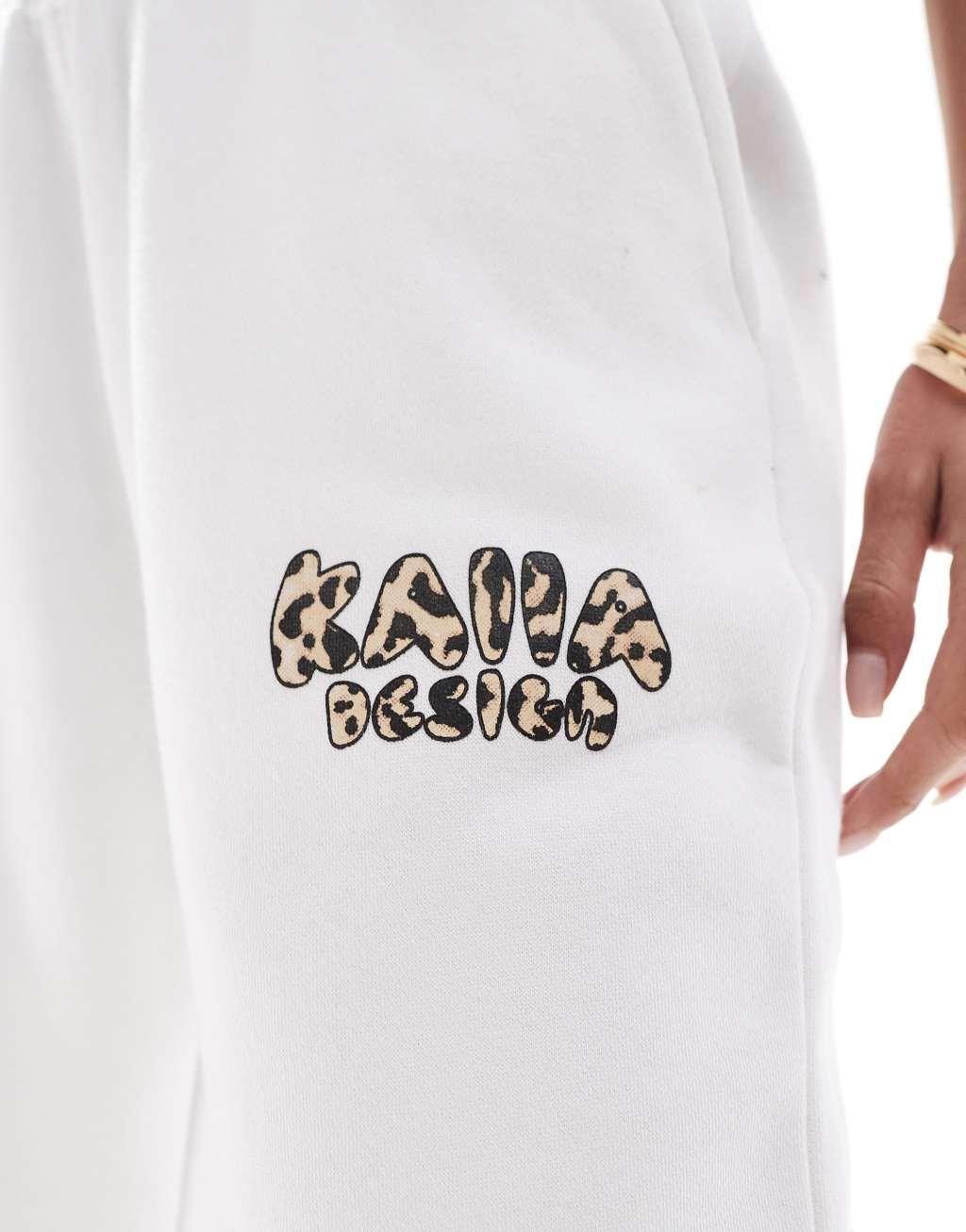 Kaiia wide leg leopard logo sweatpants in cream - part of a set Product Image