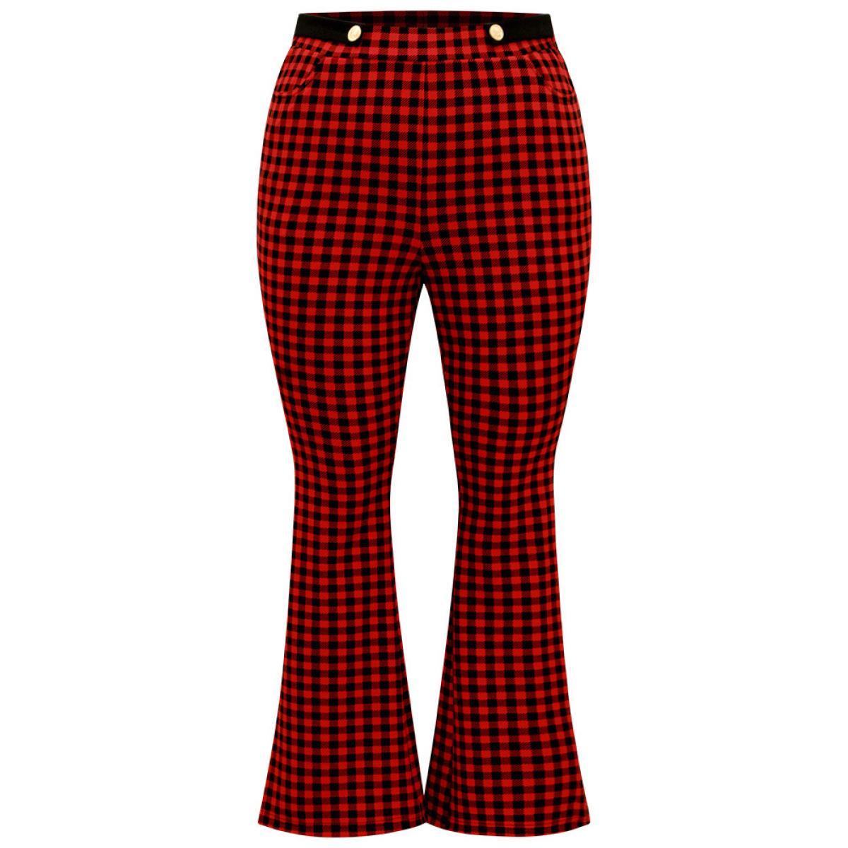 Plus Size Gingham Bootcut Split Hem Metal Detail Pants Women Raspberry Elegant Flare Leg High Rise Festival-Christmas Pants BloomChic 30/6X Product Image