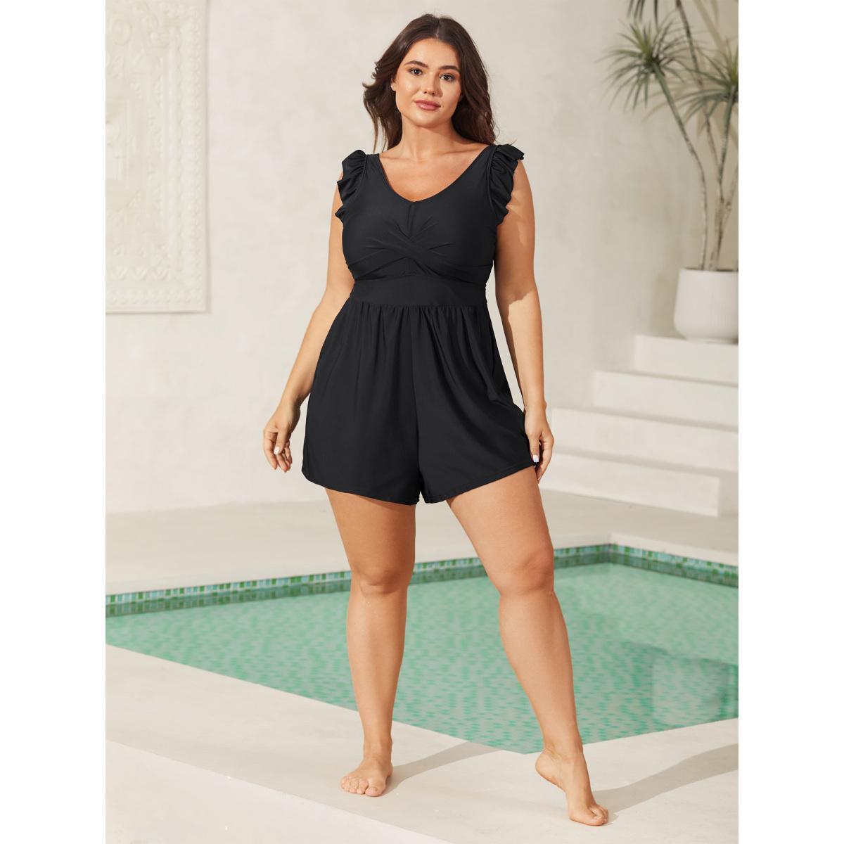 Plus Size Twist Front Ruffled One-Piece Swimsuit Women's Swimwear Black Beach Twist Curve Bathing Suits High stretch One Pieces BloomChic 12/L Product Image