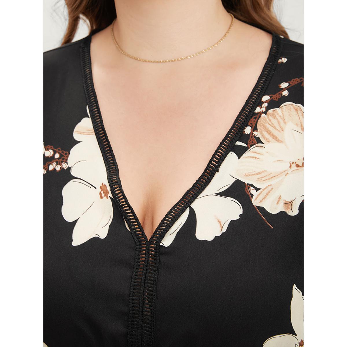 Plus Size Floral Pocket Broderie Anglaise Lantern Sleeve Belted Flutter Dress BlackFlower Women Elegant Pocket V-neck Long Sleeve Curvy Midi Dress BloomChic 22-24/3X Product Image