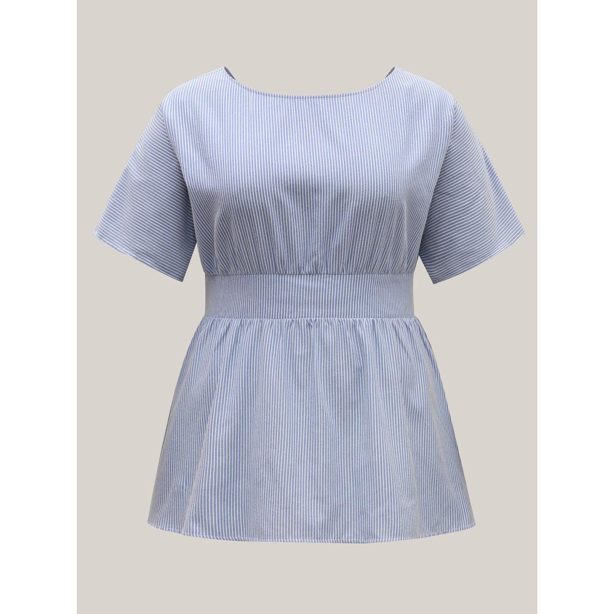 Plus Size LightBlue Backless Bow Tie Stripe Print Cinched Blouse Women Half Sleeve Boat Neck Everyday-Casual Blouses BloomChic 18-20/2X Product Image