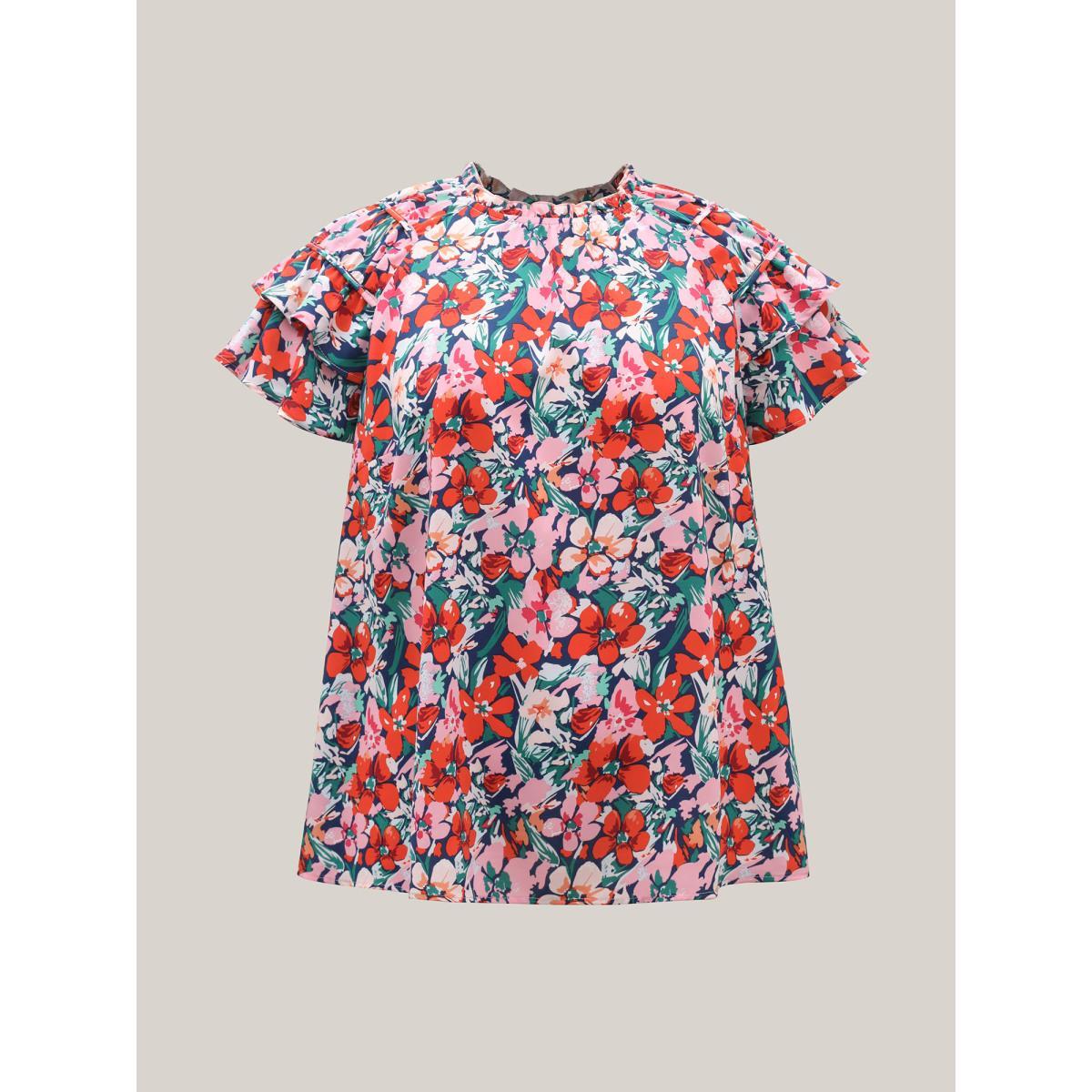 Plus Size Multicolor Groovy Floral Print Ruffled Layered Sleeve Blouse Women Short sleeve Round Neck Everyday-Casual Blouses BloomChic 10/M Product Image