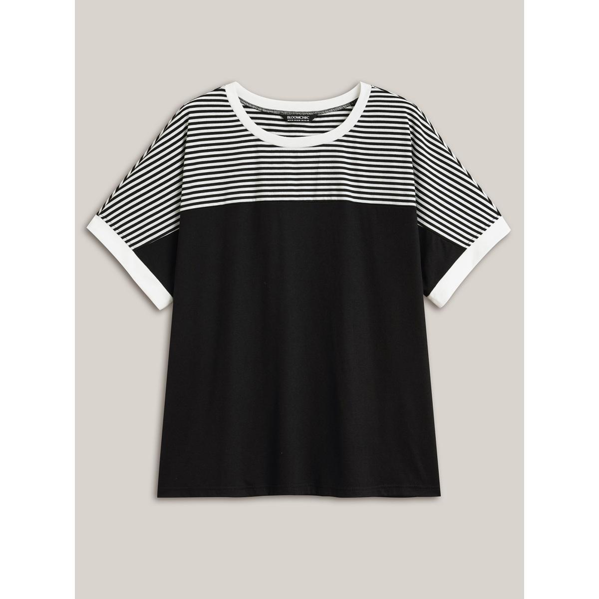 Plus Size Solid and Striped Contrast Hem T-Shirt Black Women Casual Contrast Round Neck Everyday T-shirts BloomChic 18-20/2X Product Image