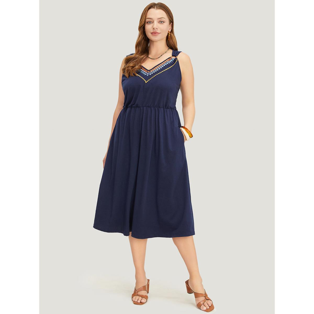 Plus Size Geometric Embroidered Buckle Detail Pocket Ruffle Hem Cami Dress Indigo Women Vacation Embroidered V-neck Sleeveless Curvy Midi Dress BloomChic 10/M Product Image