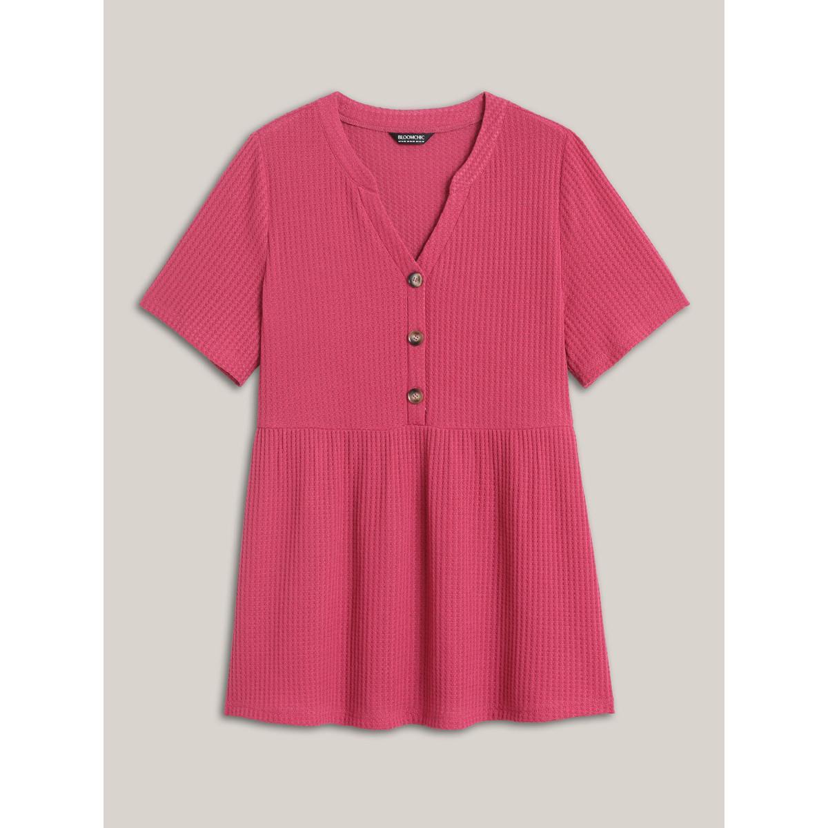 Plus Size Textured Notched Neck Button Plain T-Shirt Peach Women Casual Texture Notched collar Bodycon Everyday T-shirts BloomChic 30/6X Product Image