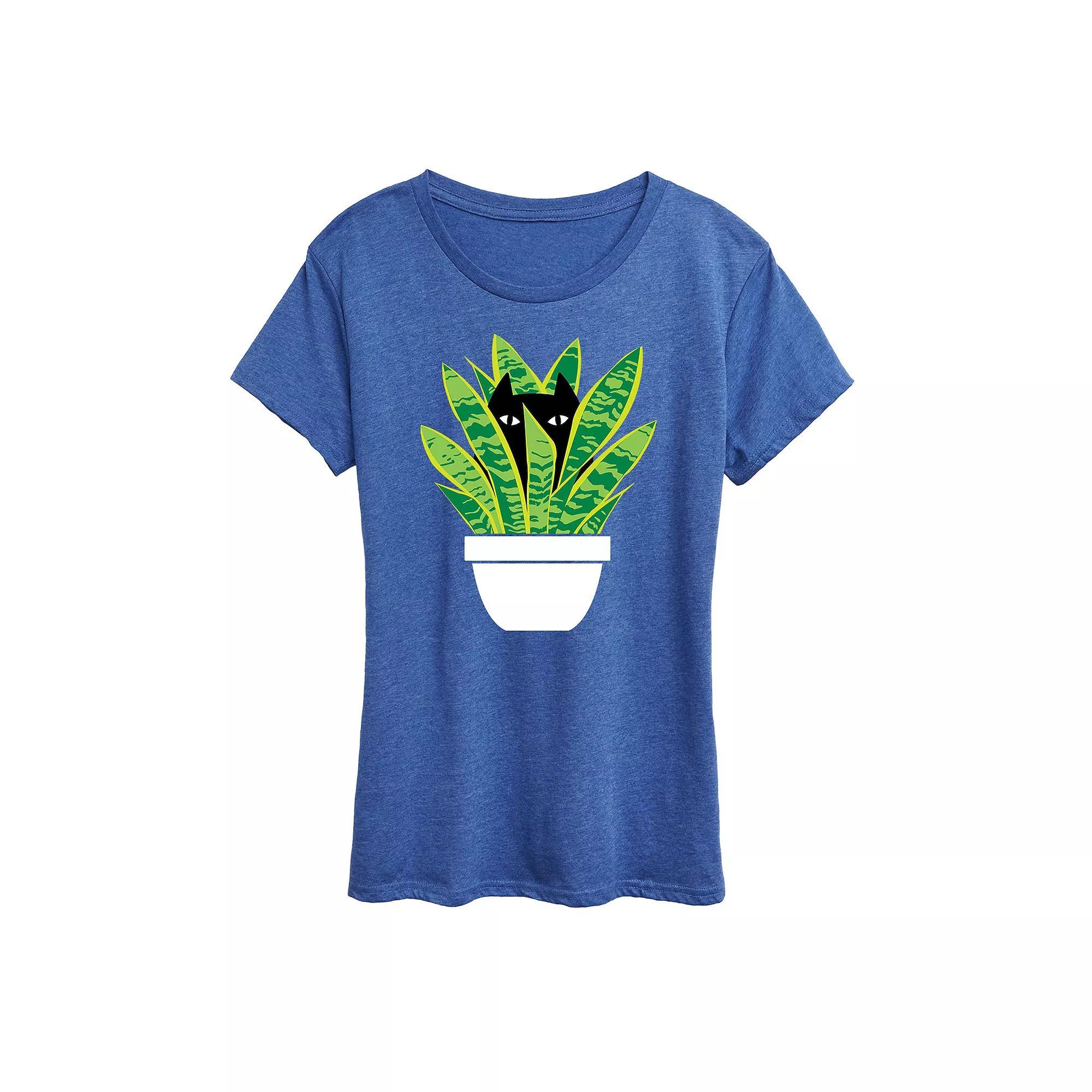 Womens Cat In Potted Plant Graphic Tee Grey Gray Product Image
