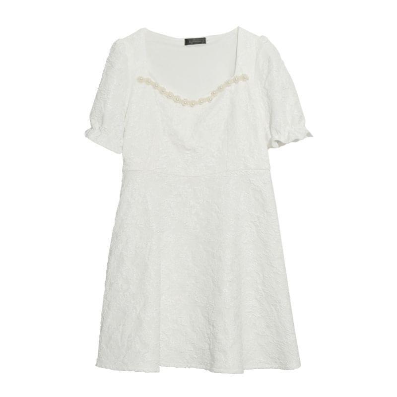 Puff-Sleeve Sweetheart-Neckline Faux Pearl Shirred Midi A-Line Dress (Various Designs) Product Image