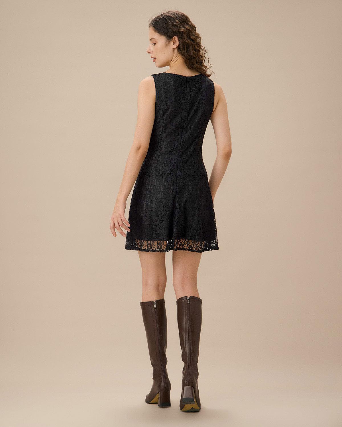 Black Lace Boat Neck Sleeveless Mini Dress Product Image