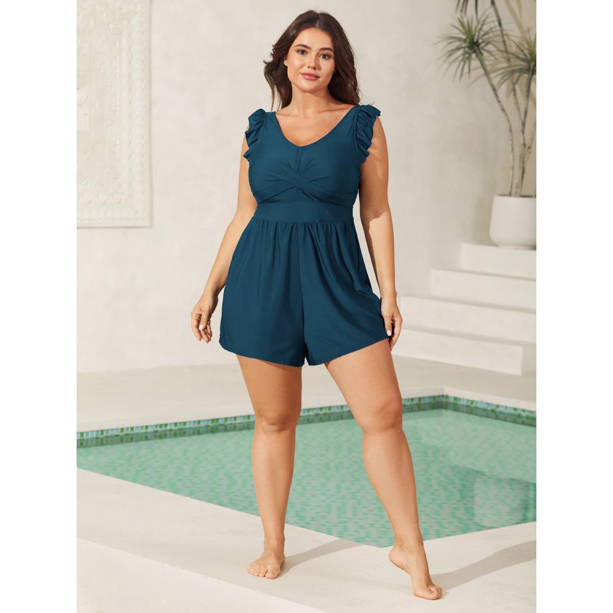 Plus Size Twist Front Ruffled One-Piece Swimsuit Women's Swimwear Black Beach Twist Curve Bathing Suits High stretch One Pieces BloomChic 12/L Product Image