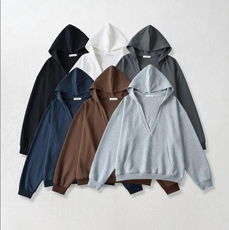 V-Neck Plain Hoodie Product Image