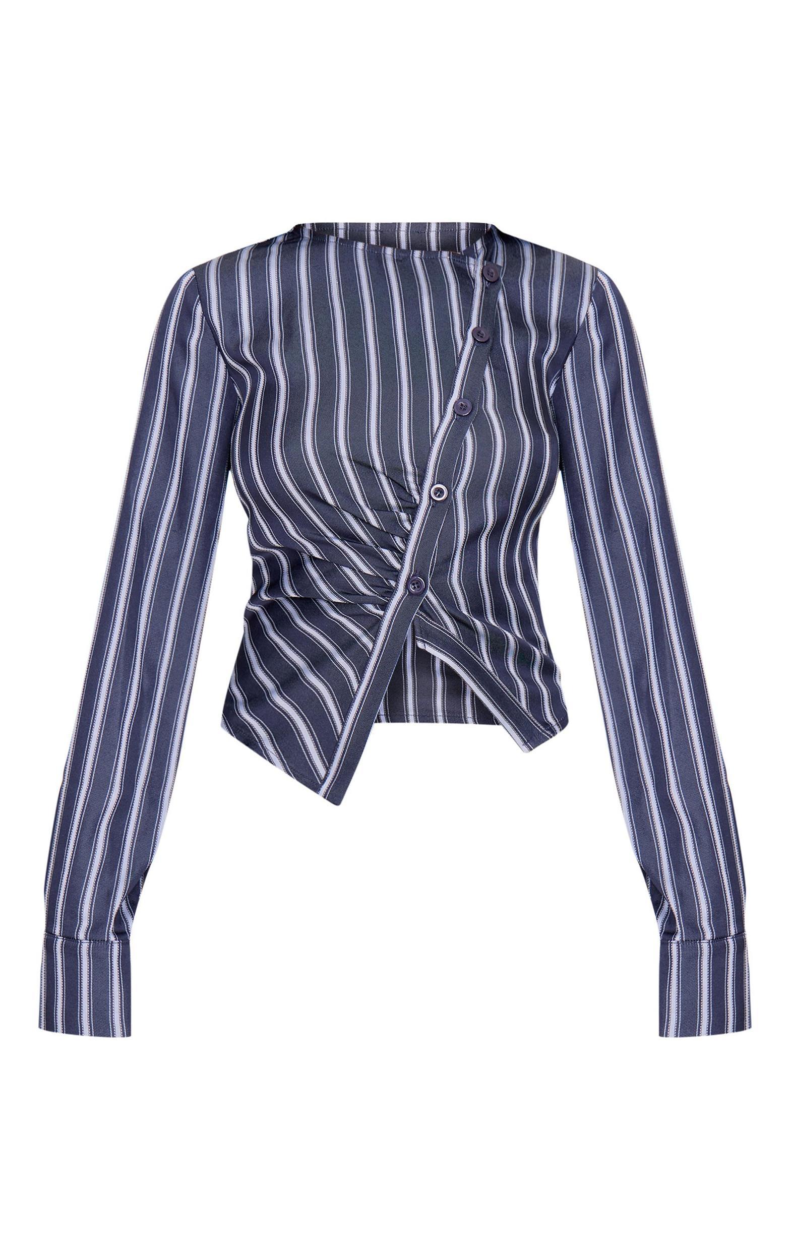 Navy Woven Tailored Striped Ruched Shirt Product Image