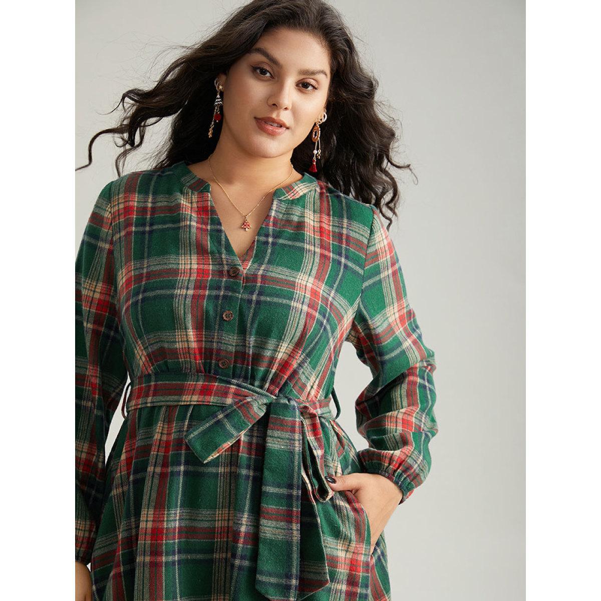 Plus Size Plaid Notched Belted Pocket Curved Hem Dress Emerald Women Office Elastic cuffs Notched collar Long Sleeve Curvy Midi Dress BloomChic 30/6X Product Image