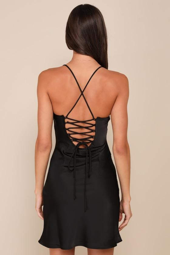 Sultry Affection Black Satin Embroidered Lace-Up Mini Dress Product Image