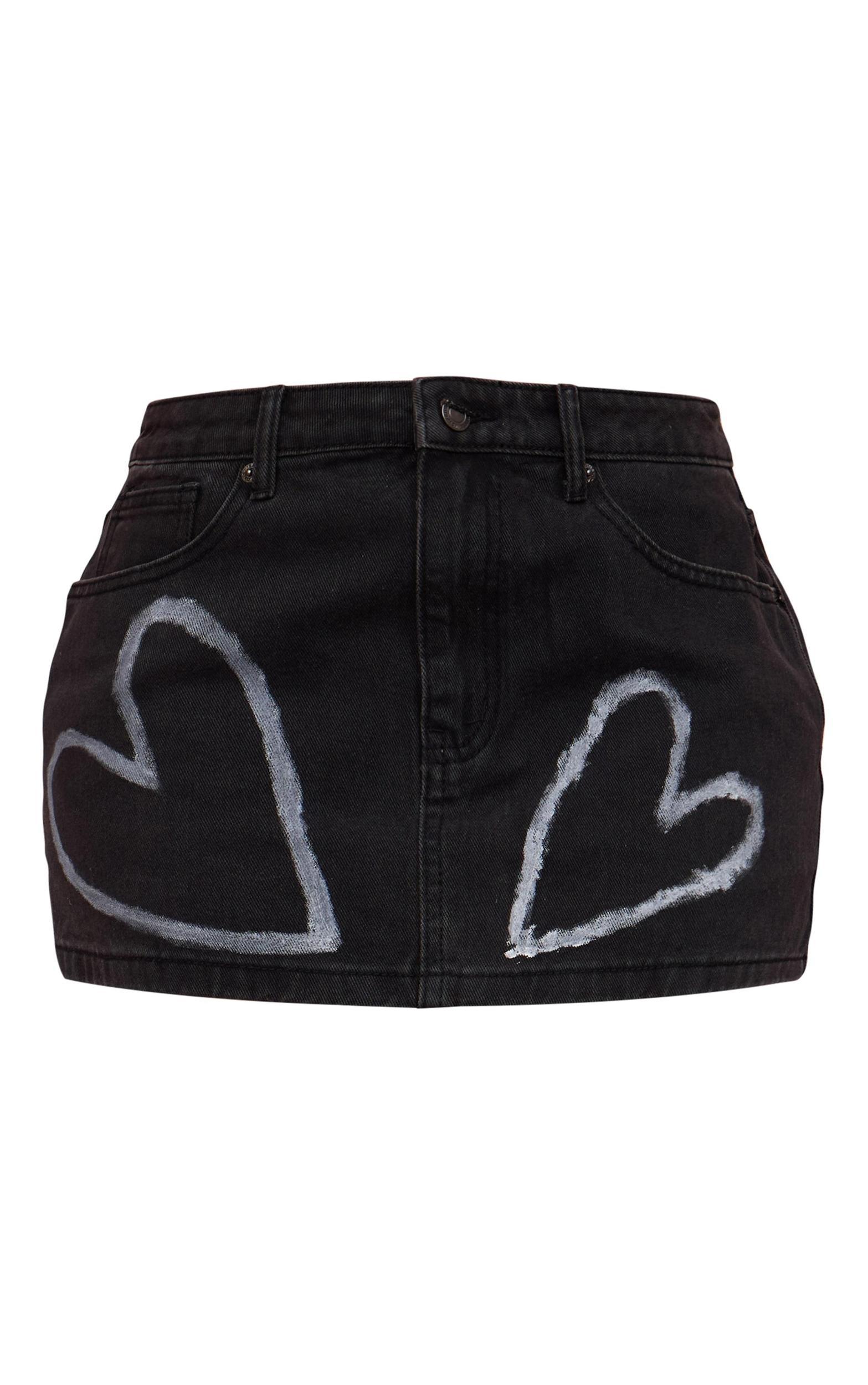Petite Washed Black Denim Mini Skirt With Heart Details Product Image