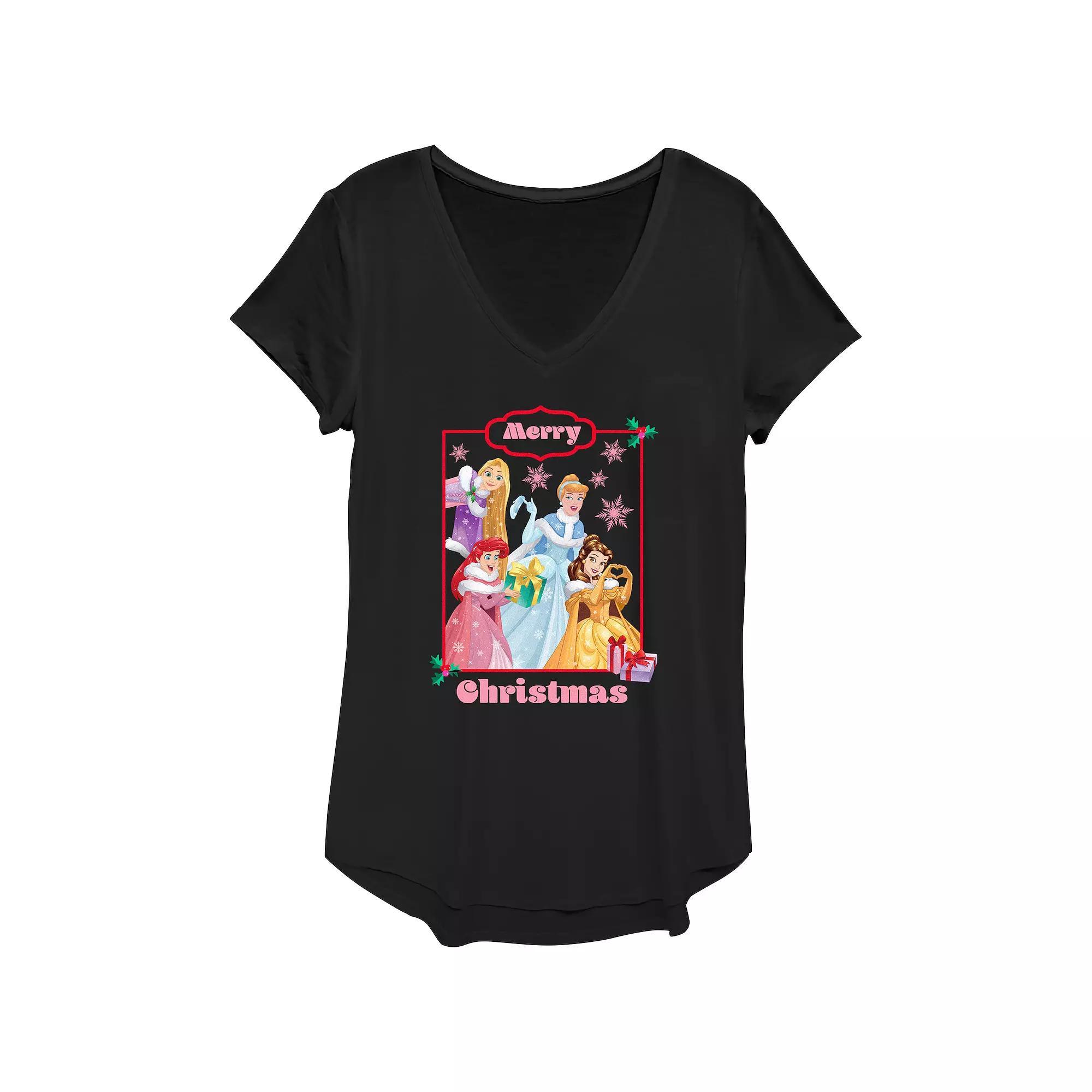 Disney Princess Rapunzel, Cinderella, Ariel & Belle Merry Christmas Womens Graphic Tee Product Image