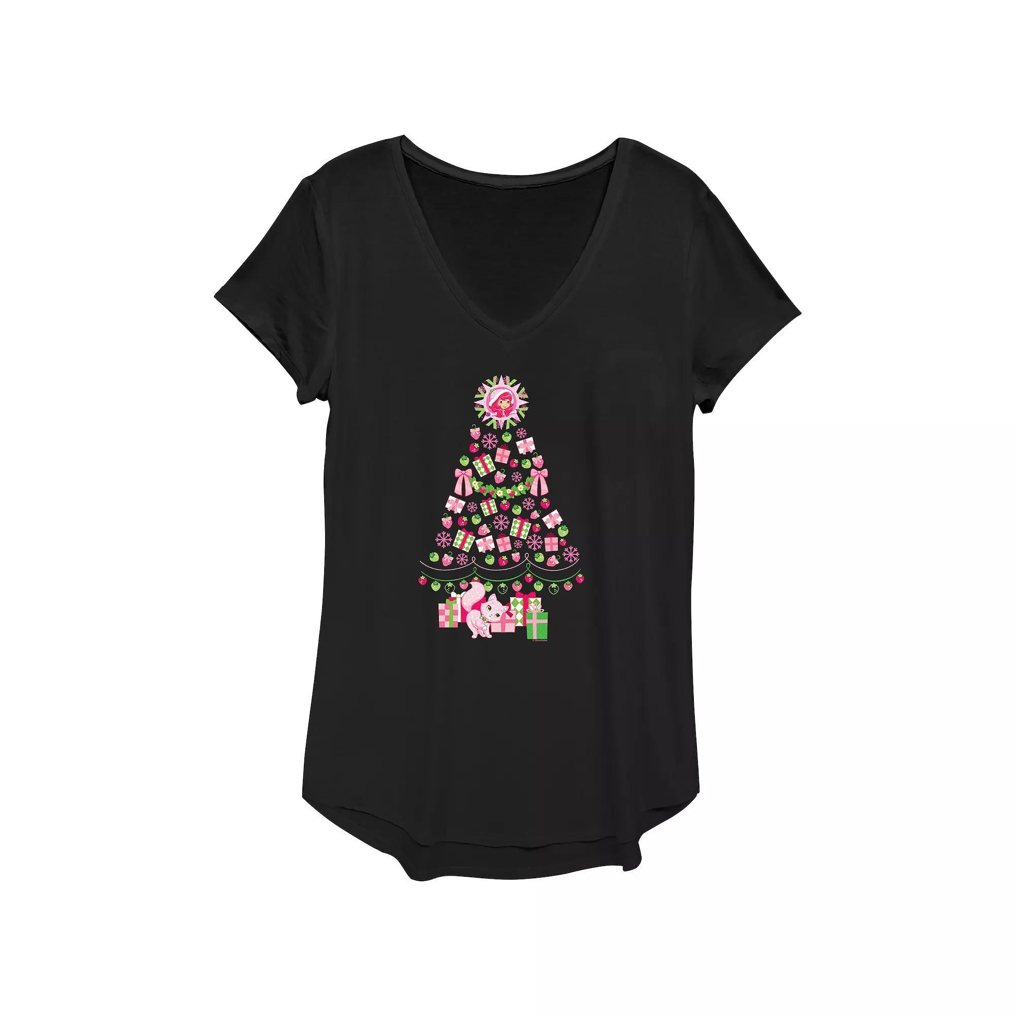 Women's Strawberry Shortcake Berry Christmas Tree Graphic Tee, Size: Large, Black Product Image