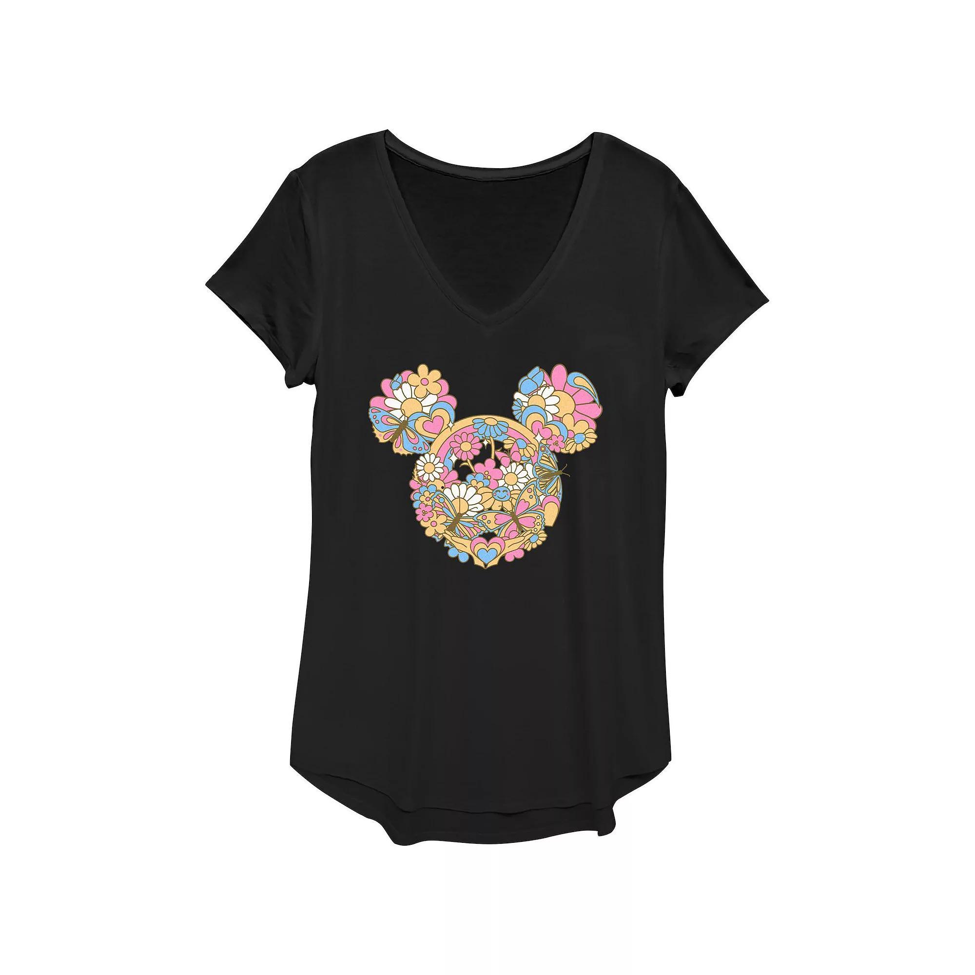 Disneys Mickey Mouse Womens Flowers And Butterflies Head Graphic Tee Product Image