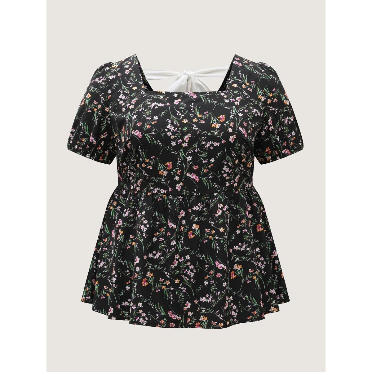 Plus Size Black Floral Print Bow Back Detail Blouse Women Short sleeve Square Neck Everyday-Elegant Blouses BloomChic 28/5X Product Image