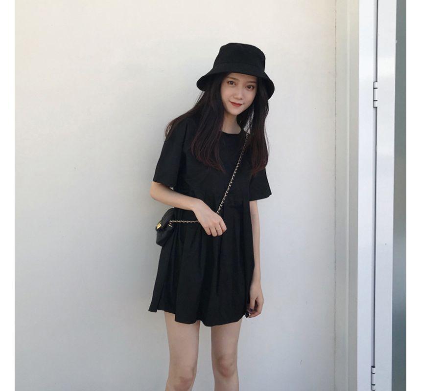 Short-Sleeve Plain Mini Smock Dress Product Image
