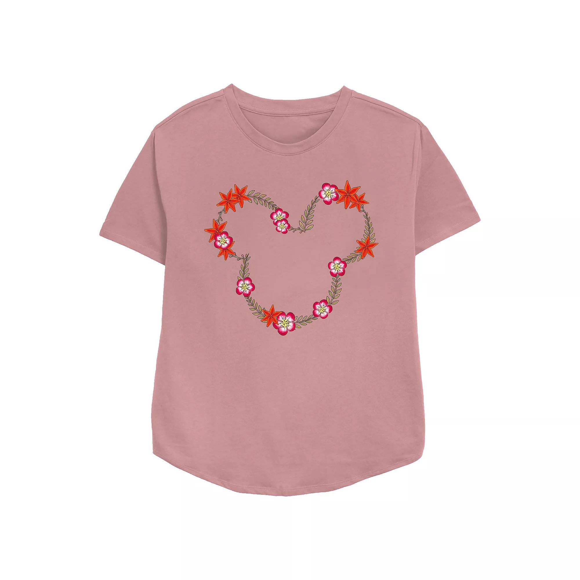 Disney's Mickey Mouse May Floral Wreath Women's Relaxed Fit Graphic Tee, Size: XXL, Pink Product Image