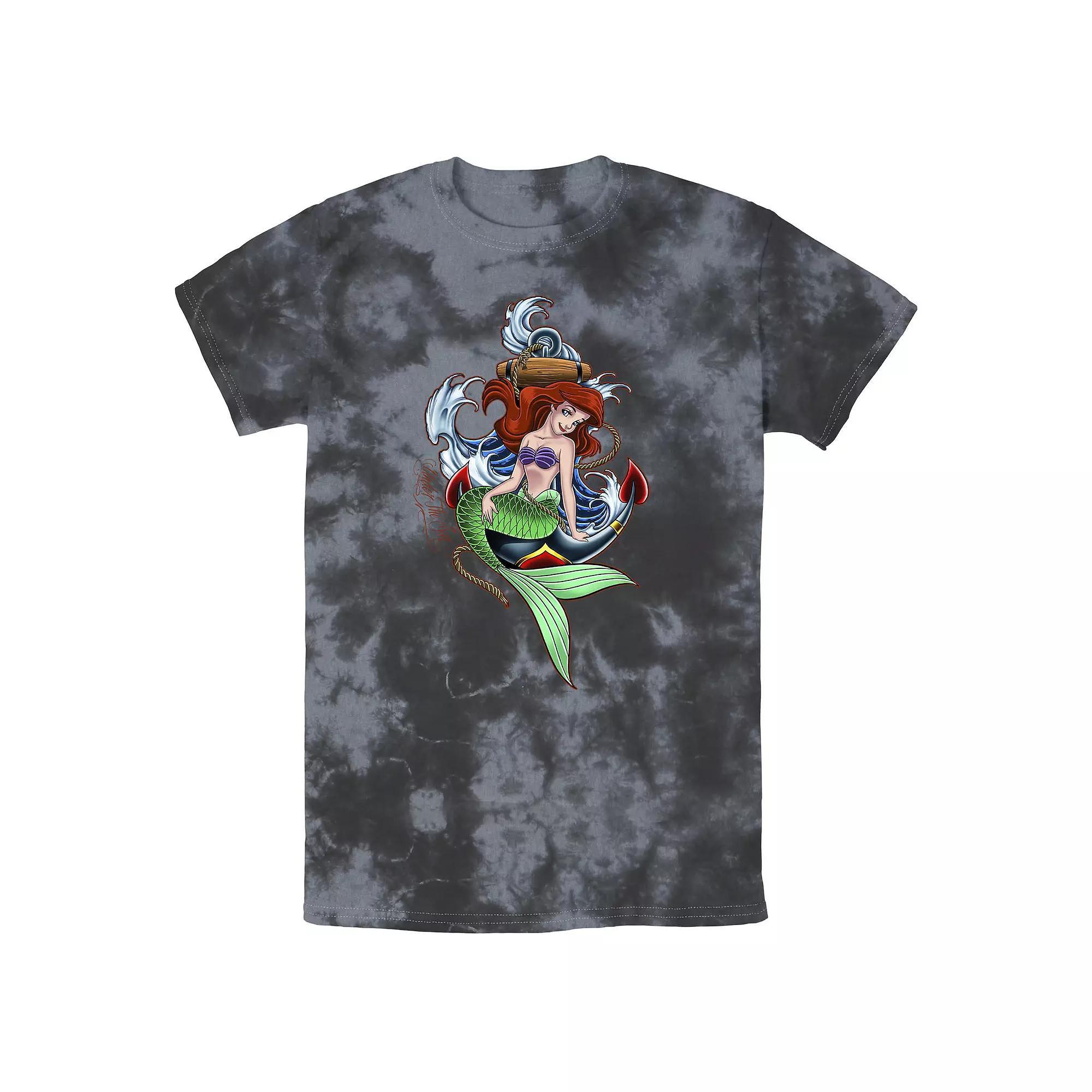 Men's Disney The Little Mermaid Tattoo Style Portrait Bomabrd Wash Tee, Size: XL, Black Grey Product Image