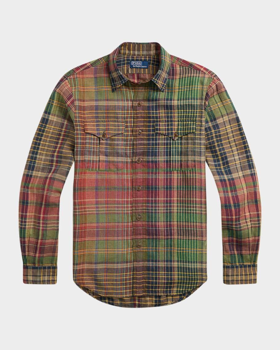 Mens Classic-Fit Plaid Linen Casual Shirt Product Image