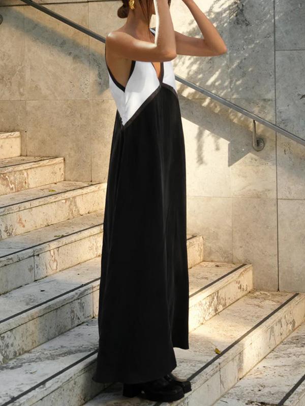 Loose Sleeveless Contrast Color Split-Joint Deep V-Neck Maxi Dresses Product Image