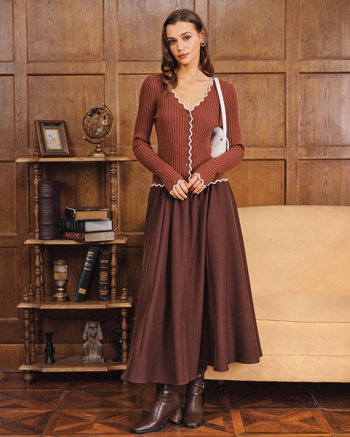 Coffee Contrasting Button Knit Cardigan Product Image