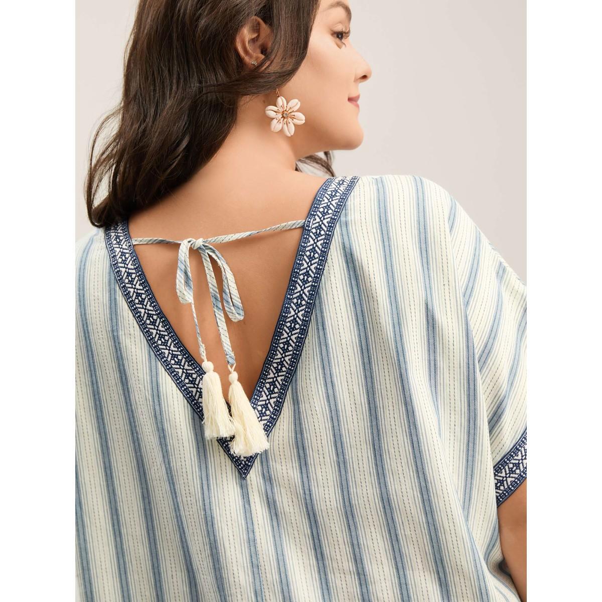 Plus Size Pure Cotton Stripe Print Pockets Midi Dress Ivory Women V-neck Short sleeve Curvy BloomChic 18-20/2X Product Image