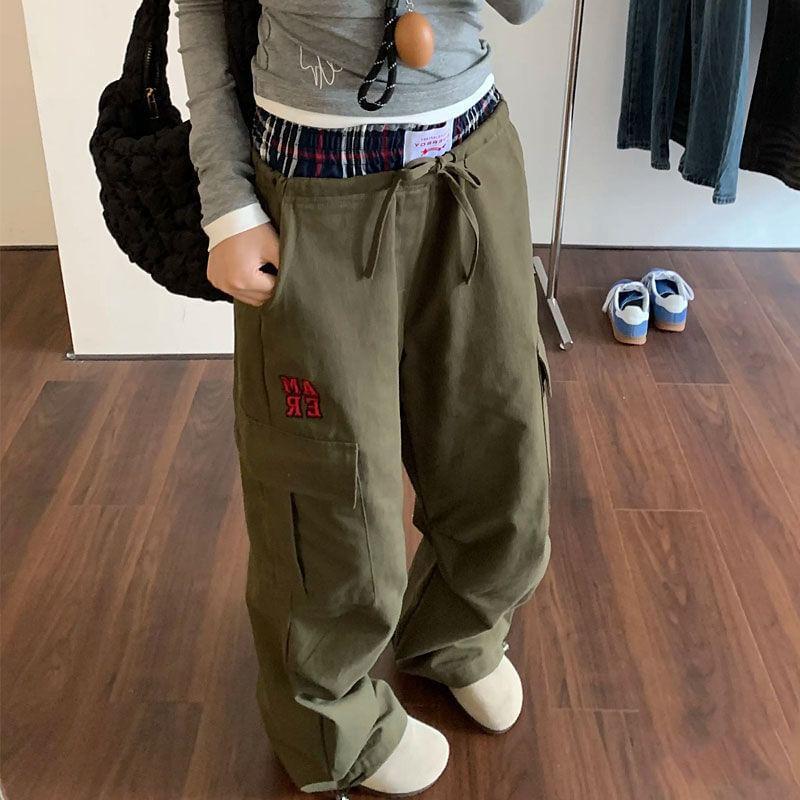 High Rise Plaid Waistband Wide Leg Cargo Pants Product Image