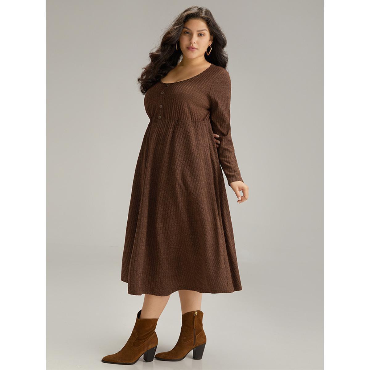 Plus Size Rib Knit Button Detail Gathered Dress DarkBrown Women Casual Texture Round Neck Long Sleeve Curvy Midi Dress BloomChic 30/6X Product Image