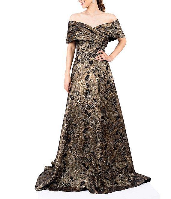 Terani Couture Pleated Off-the-Shoulder Short Sleeve Gown Product Image