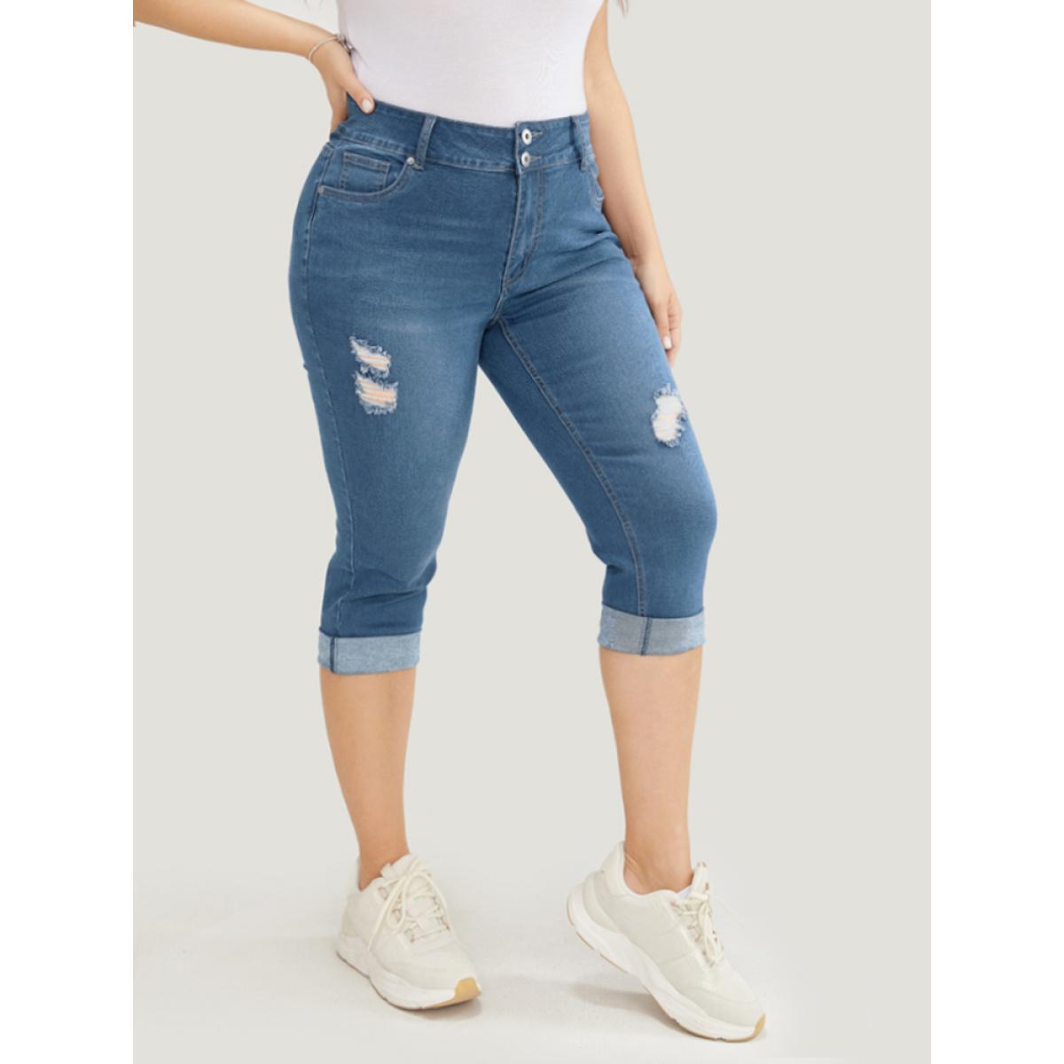 Plus Size Very Stretchy Dark Wash Cuffed Hem Distressed Knee Denim Shorts Women Blue High stretch Dailywear Pocket Casual Denim Shorts BloomChic 28/5X Product Image