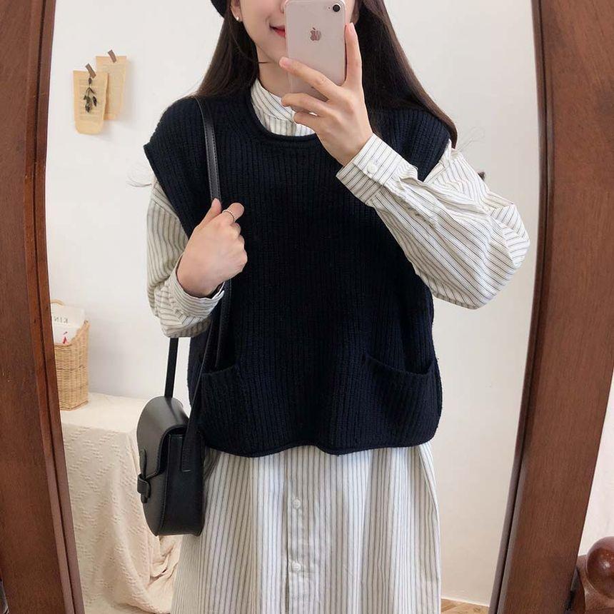 Long-Sleeve Stand Collar Striped Button-Up Slit Midi Shirt Dress / Crew Neck Plain Sweater Vest Product Image