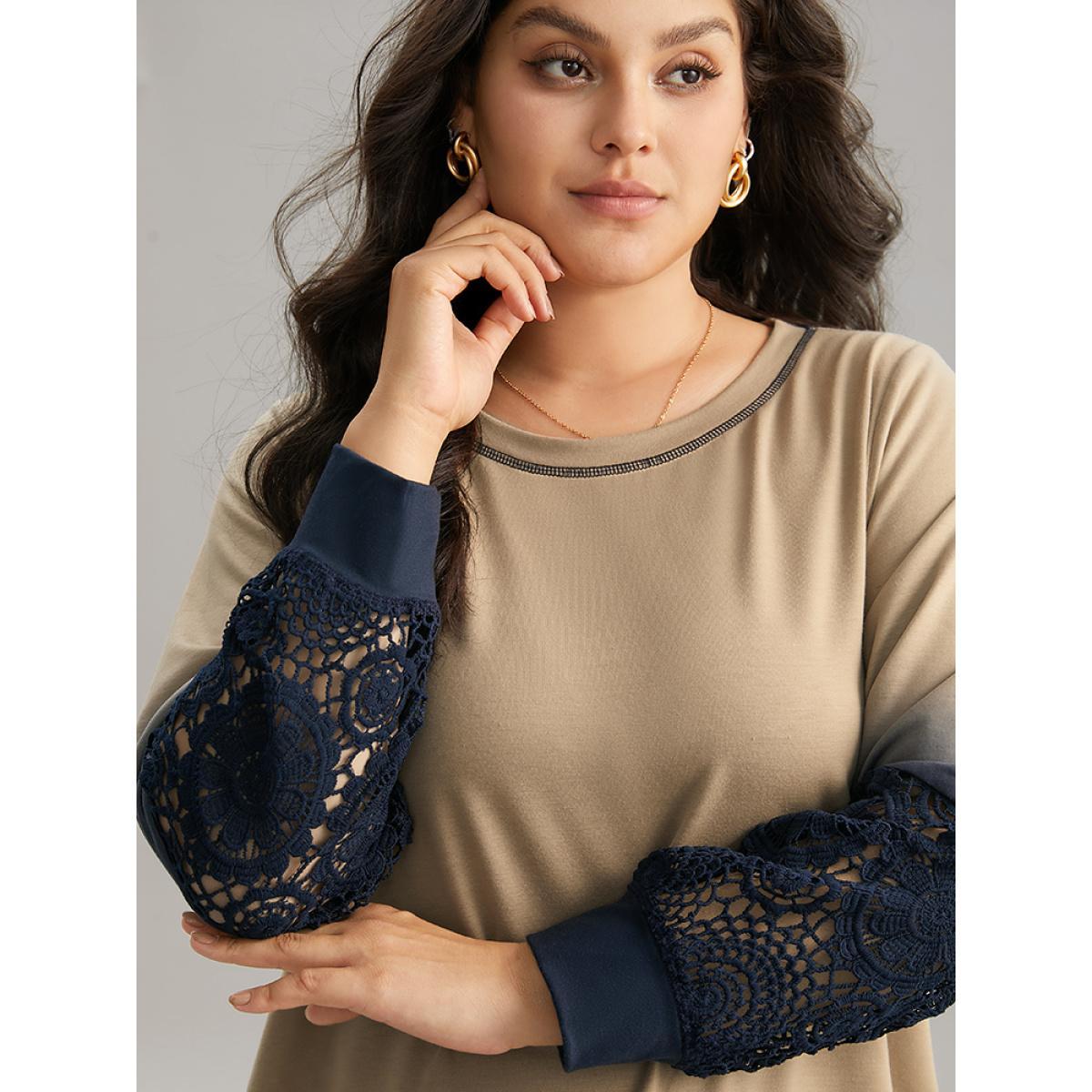Plus Size Tie Dye Contrast Lace Panel Sweatshirt Women Tan Elegant Contrast Round Neck Dailywear Sweatshirts BloomChic 26/4X Product Image