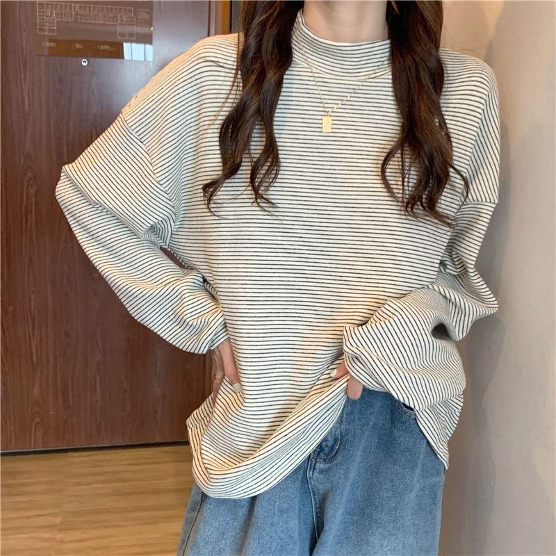 Long-Sleeve Mock Neck Striped T-Shirt Product Image