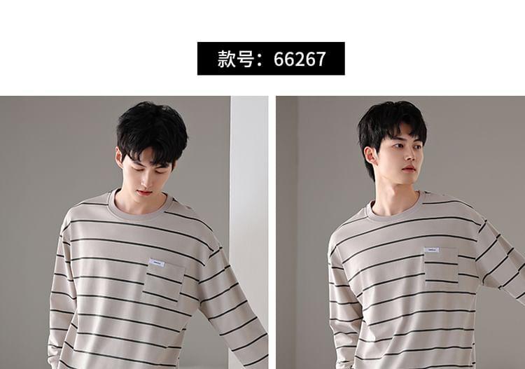 Pajama Set: Long-Sleeve Round Neck Striped Pocket Detail T-Shirt + Plain Pants Product Image