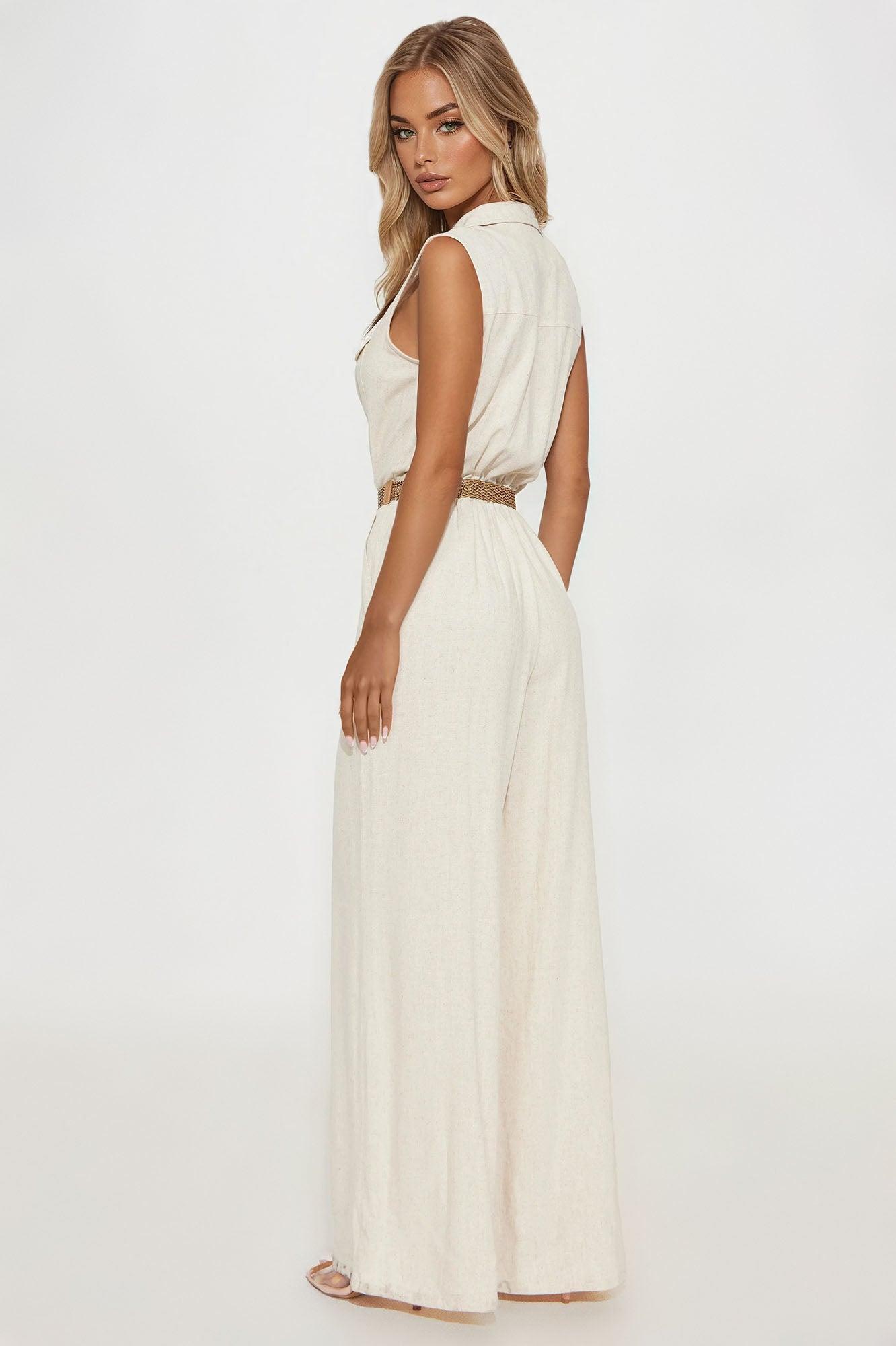 Rosaline Linen Belted Jumpsuit - Ivory Product Image