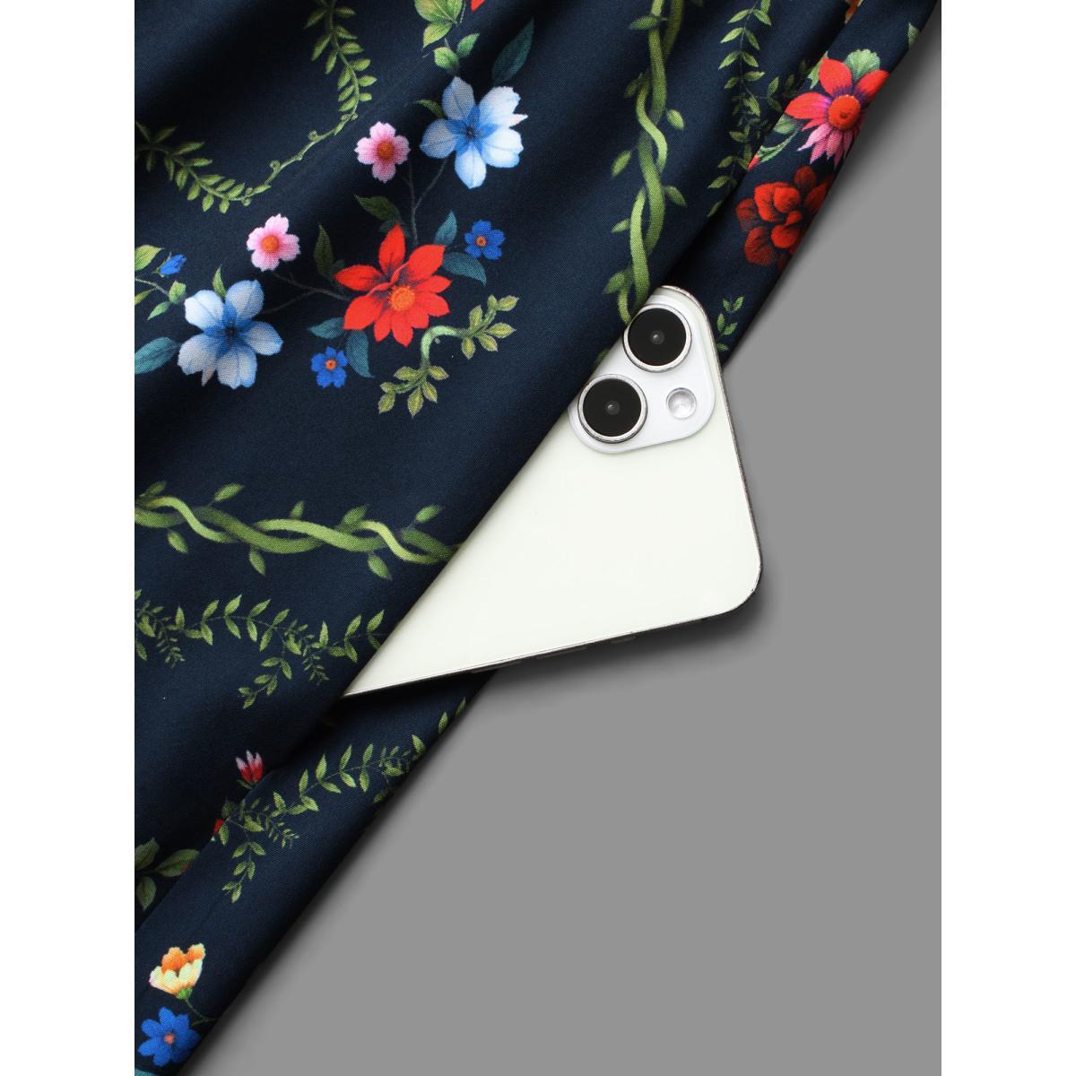 Plus Size Floral Printed Heart neckline Lantern Sleeve Dress DarkBlue Women Elegant Patchwork Heart neckline Long Sleeve Curvy BloomChic 10/M Product Image