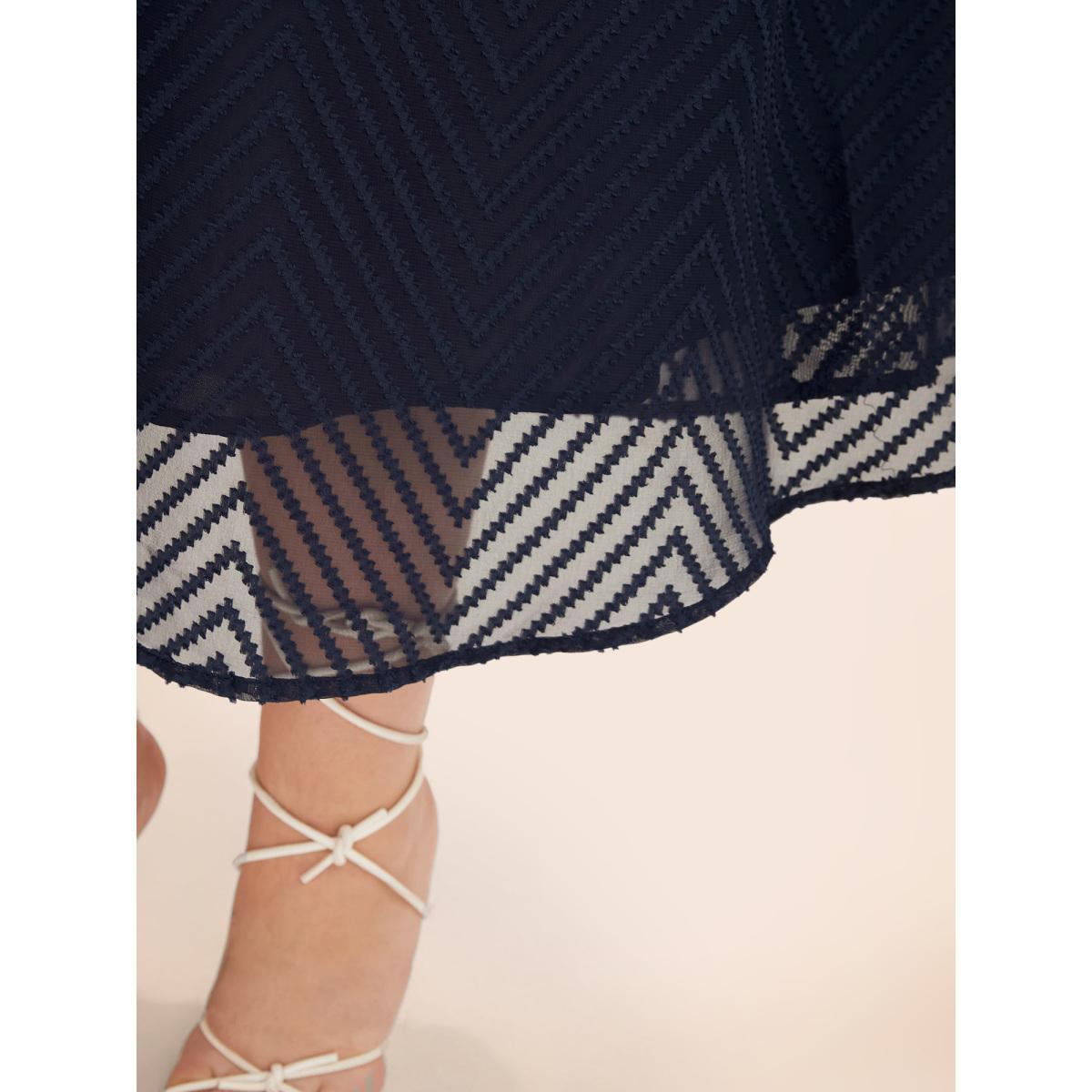 Chiffon Geometric Elegance Plain Navy Belt Plus Size Midi Dress Women Pocket Lantern Sleeve Long Sleeve V Neck Pocket Dailywear Midi Dress BloomChic Product Image