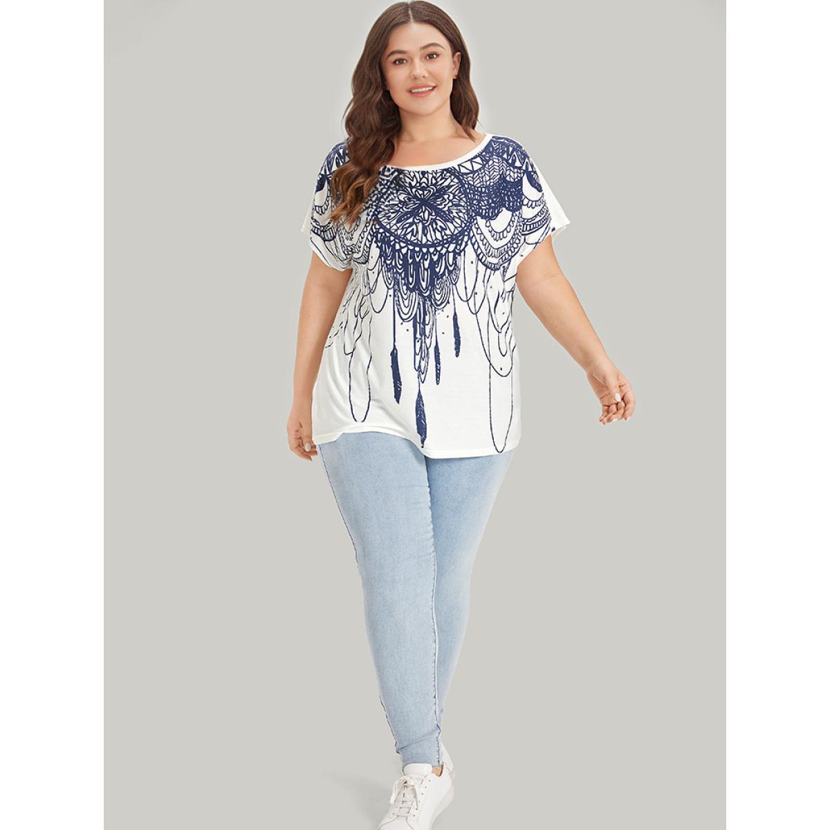 Plus Size Boho Print Batwing Sleeve Crew Neck T-shirt Multicolor Women Casual Printed Bohemian Print Round Neck Dailywear T-shirts BloomChic 22-24/3X Product Image