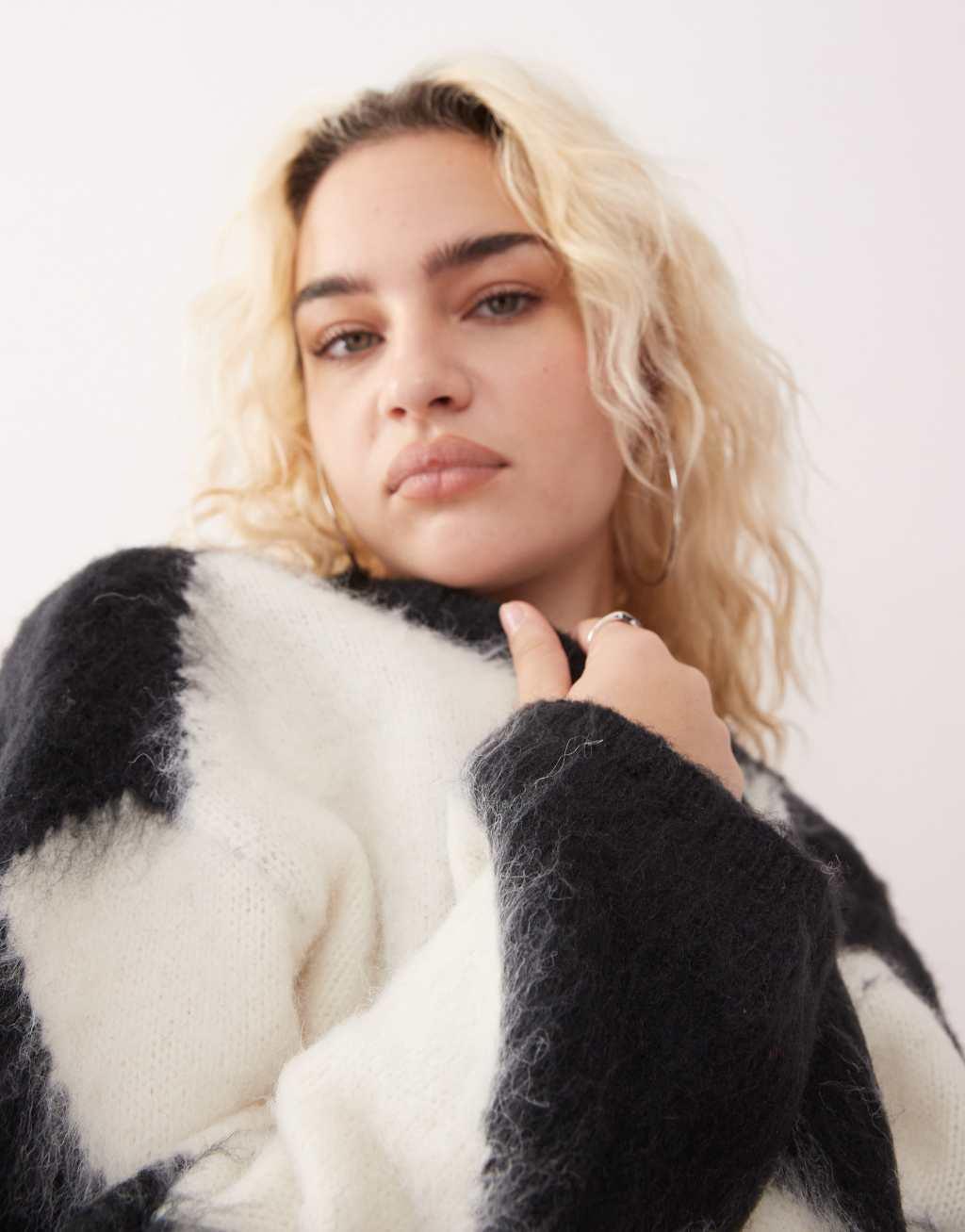 Monki fluffy yarn knitted cardigan with v neck in black and white check jacquard Product Image