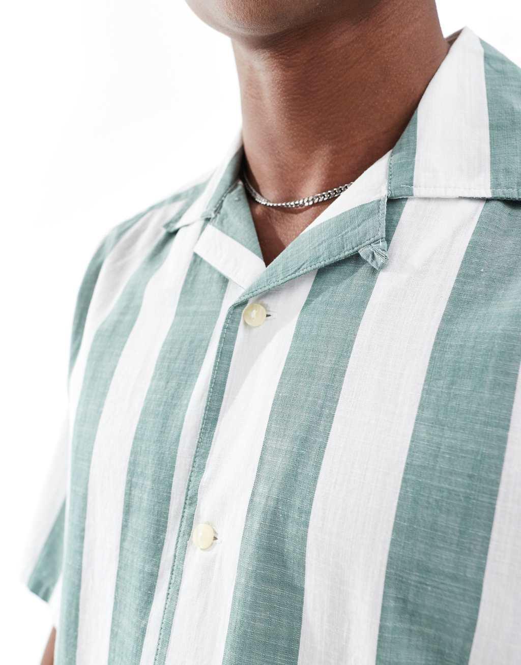 Only & Sons oversized revere collar stripe shirt in green Product Image